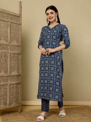 Blue Pure Cotton Printed Straight Shape Suit Set with Dupatta