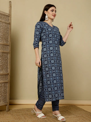 Blue Pure Cotton Printed Straight Shape Suit Set with Dupatta