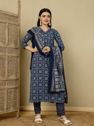 Blue Pure Cotton Printed Straight Shape Suit Set with Dupatta