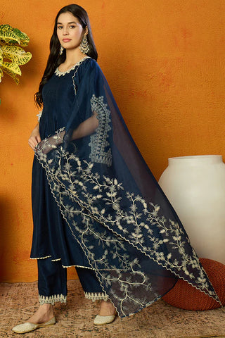 Blue Silk Blend Embroidered Anarkali Suit Set with Dupatta