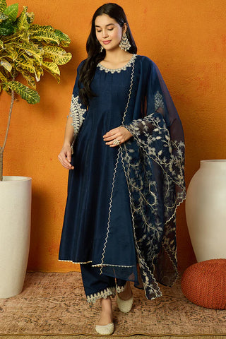 Blue Silk Blend Embroidered Anarkali Suit Set with Dupatta