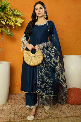 Blue Silk Blend Embroidered Anarkali Suit Set with Dupatta