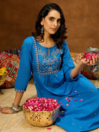 Blue Cotton A Line Embroidered Kurta Bottom Set