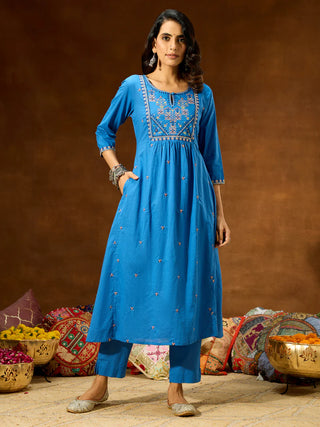 Blue Cotton A Line Embroidered Kurta Bottom Set
