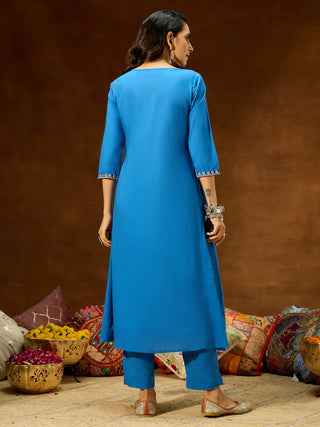 Blue Cotton A Line Embroidered Kurta Bottom Set
