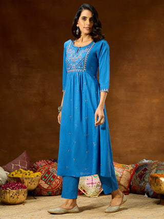 Blue Cotton A Line Embroidered Kurta Bottom Set