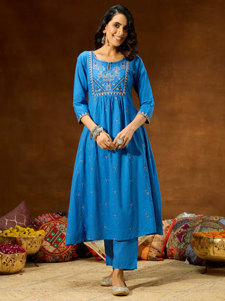 Blue Cotton A Line Embroidered Kurta Bottom Set