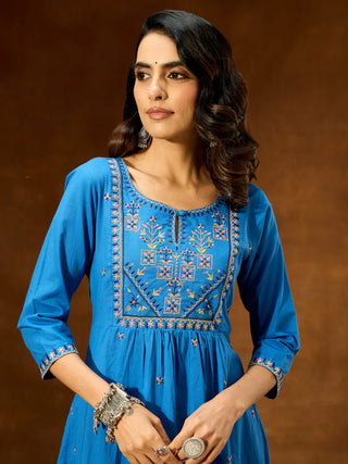 Blue Cotton A Line Embroidered Kurta Bottom Set