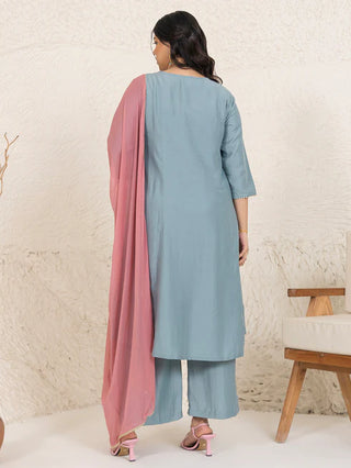 Light Blue & Mauve Chinnon Yoke Embroidered Suit Set with Nazneen Dupatta