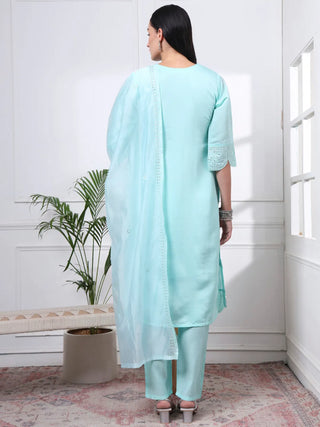 Blue Silk Blend Cotton Lining Embroidered Straight Shape Suit Set with Dupatta