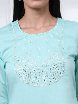 Blue Silk Blend Cotton Lining Embroidered Straight Shape Suit Set with Dupatta