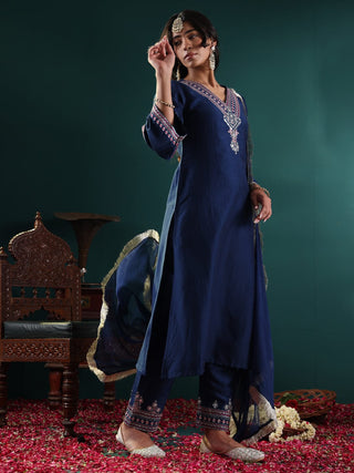 Blue Silk Blend Embroidered Suit Set with Silk Chiffon Dupatta