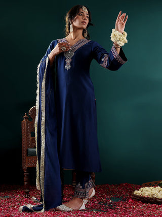 Blue Silk Blend Embroidered Suit Set with Silk Chiffon Dupatta