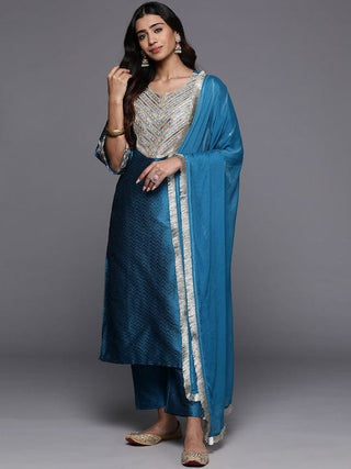 Blue Silk Blend Yoke Embroidered Suit Set with Silk Chiffon Dupatta