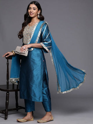 Blue Silk Blend Yoke Embroidered Suit Set with Silk Chiffon Dupatta