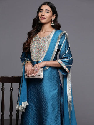 Blue Silk Blend Yoke Embroidered Suit Set with Silk Chiffon Dupatta