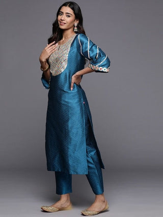 Blue Silk Blend Yoke Embroidered Suit Set with Silk Chiffon Dupatta