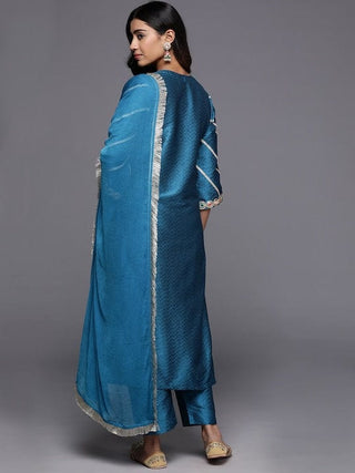 Blue Silk Blend Yoke Embroidered Suit Set with Silk Chiffon Dupatta