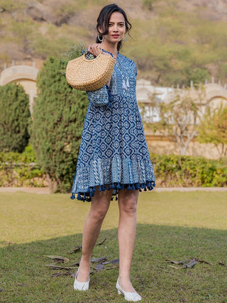 Blue Cotton Ethnic Motif Printed A Line Dress