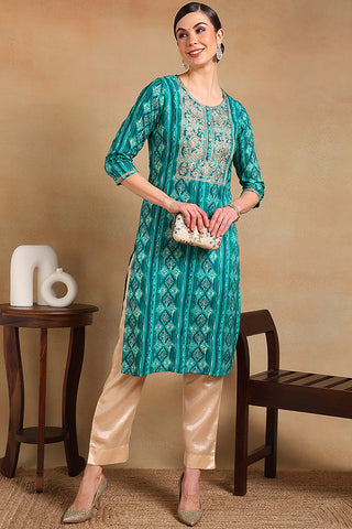 Turquoise Blue Silk Blend Embroidered Straight Shape Kurta