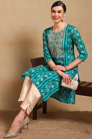 Turquoise Blue Silk Blend Embroidered Straight Shape Kurta