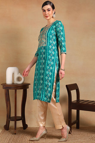 Turquoise Blue Silk Blend Embroidered Straight Shape Kurta