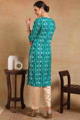 Turquoise Blue Silk Blend Embroidered Straight Shape Kurta