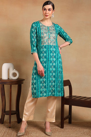 Turquoise Blue Silk Blend Embroidered Straight Shape Kurta