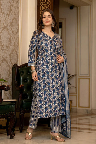 Blue Rayon Blend Floral Print & Thread Work Straight Shape Suit Set with Dupatta