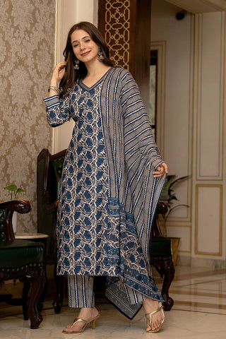 Blue Rayon Blend Floral Print & Thread Work Straight Shape Suit Set with Dupatta