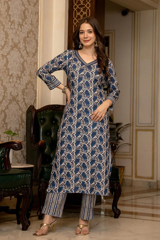 Blue Rayon Blend Floral Print & Thread Work Straight Shape Suit Set with Dupatta