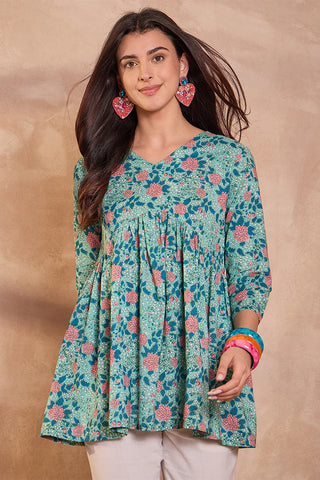 Cotton Blue Peplum Style Floral Print Kurta