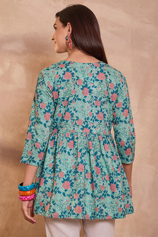 Cotton Blue Peplum Style Floral Print Kurta
