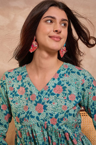 Cotton Blue Peplum Style Floral Print Kurta