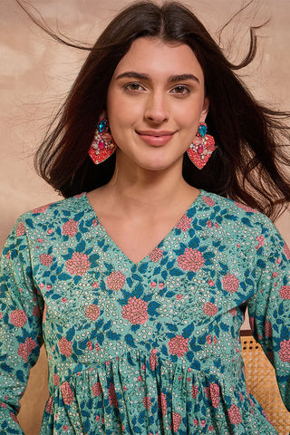 Cotton Blue Peplum Style Floral Print Kurta