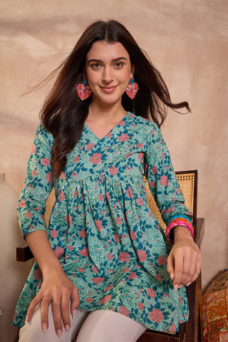 Cotton Blue Peplum Style Floral Print Kurta