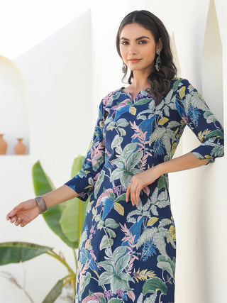 Navy Blue Pure Cotton Floral Print Straight Shape Kurta Bottom Set