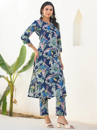 Navy Blue Pure Cotton Floral Print Straight Shape Kurta Bottom Set