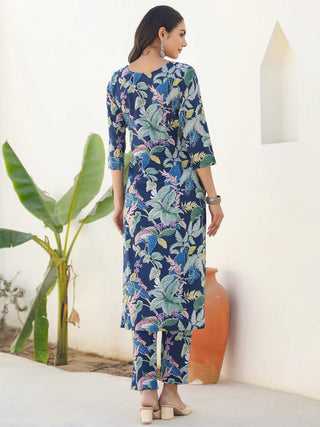 Navy Blue Pure Cotton Floral Print Straight Shape Kurta Bottom Set