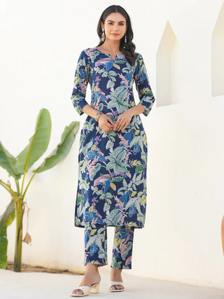 Navy Blue Pure Cotton Floral Print Straight Shape Kurta Bottom Set