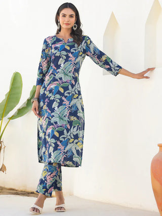 Navy Blue Pure Cotton Floral Print Straight Shape Kurta Bottom Set