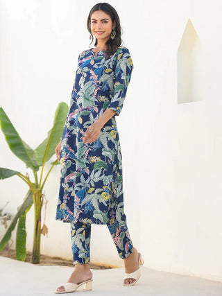 Navy Blue Pure Cotton Floral Print Straight Shape Kurta Bottom Set