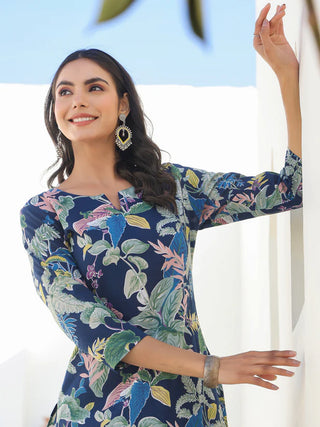 Navy Blue Pure Cotton Floral Print Straight Shape Kurta Bottom Set