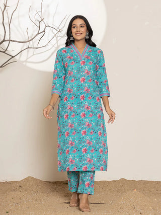 Blue Cotton Floral Print Straight Shape Kurta Trouser Set