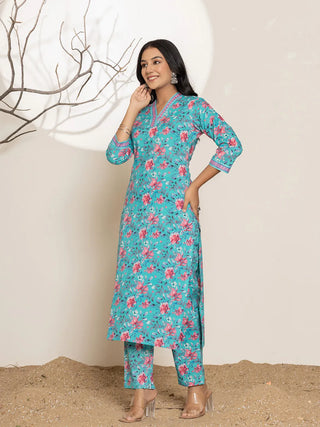 Blue Cotton Floral Print Straight Shape Kurta Trouser Set