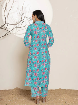 Blue Cotton Floral Print Straight Shape Kurta Trouser Set