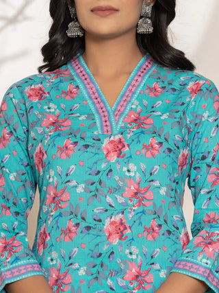 Blue Cotton Floral Print Straight Shape Kurta Trouser Set