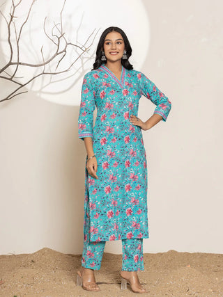 Blue Cotton Floral Print Straight Shape Kurta Trouser Set