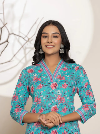 Blue Cotton Floral Print Straight Shape Kurta Trouser Set