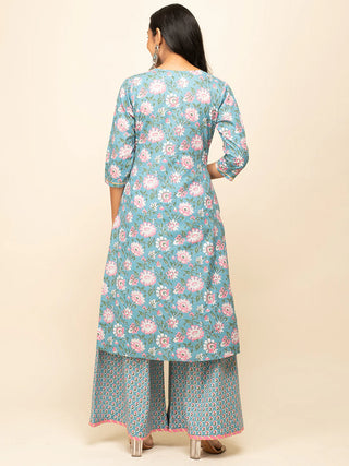 Blue Cotton Floral Print & Lace Detailing Suit Set with Nazmin Dupatta